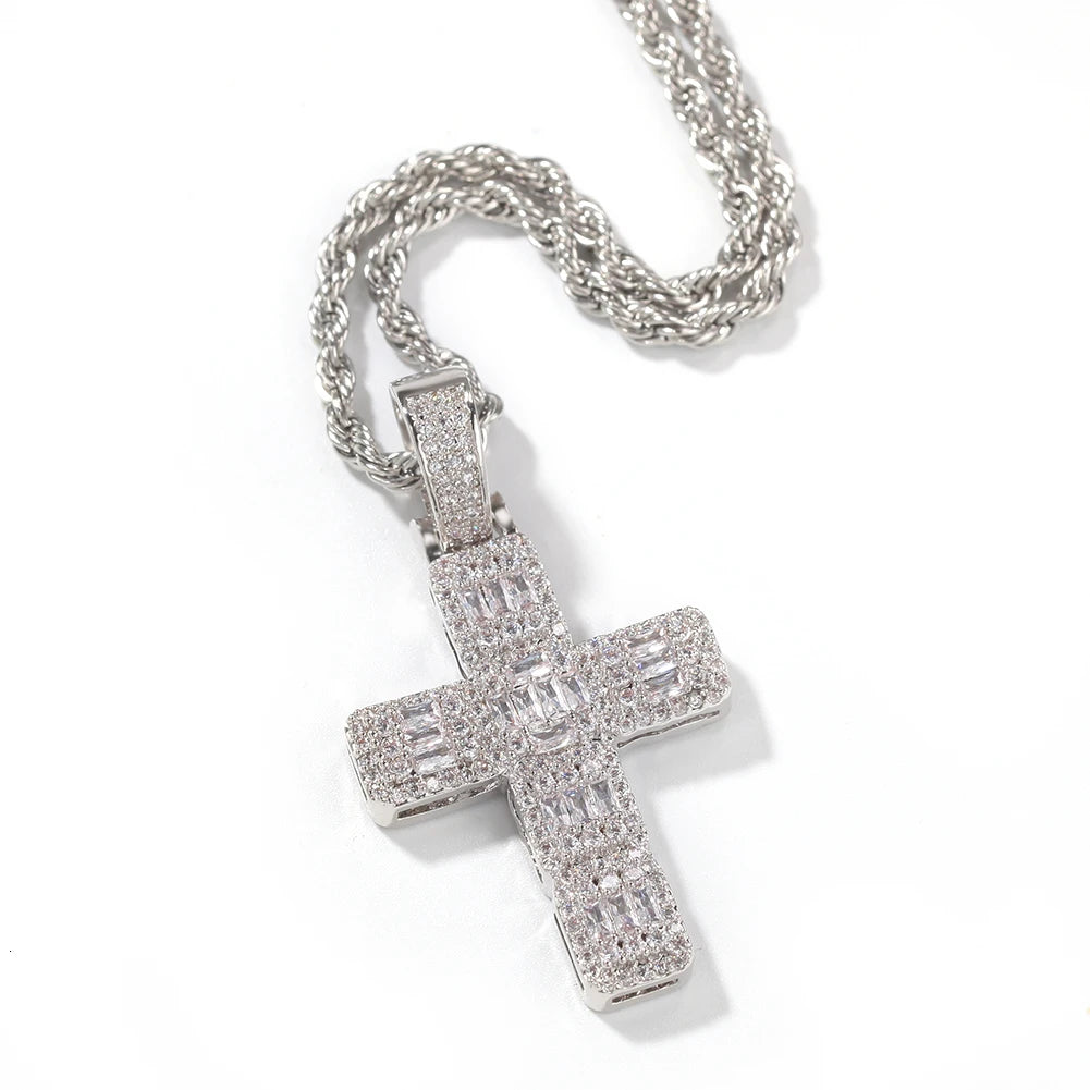 BIG BAGUETTE CROSS PENDANT - ICED OUT